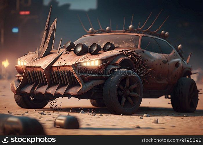 Future fantasy concept car with corrugated iron protection in a post apocalyptic desert wasteland at sunset. Neural network AI generated art. Future fantasy concept car with corrugated iron protection in a post apocalyptic desert wasteland at sunset. Neural network AI generated