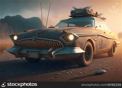 Future fantasy concept car with corrugated iron protection in a post apocalyptic desert wasteland at sunset. Neural network AI generated art. Future fantasy concept car with corrugated iron protection in a post apocalyptic desert wasteland at sunset. Neural network AI generated