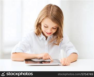 future, gesture and people concept - smiling teenage girl in casual clothes showing thumbs up over gray background with laser light