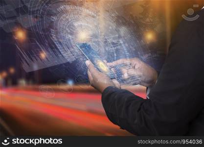 Future high technology interface.Working with future technology called Ai (artificial intelligence) and businessmen use modern smart phone connect data to communicate around the world through the network