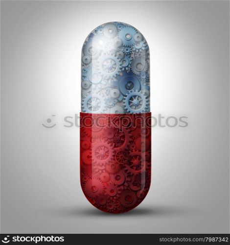 Future of medicine and bioengineering concept as a magic pill capsule with gears and cogs inside as a medical symbol for nano robotic technology curing biological disease and extending human lifespan through innovative science.