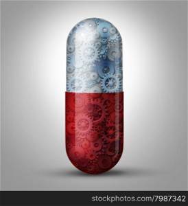 Future of medicine and bioengineering concept as a magic pill capsule with gears and cogs inside as a medical symbol for nano robotic technology curing biological disease and extending human lifespan through innovative science.