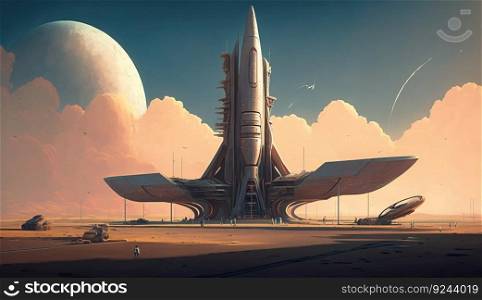Future space port, futuristic abstract technology concept. AI generated. Urban architecture illustration of modernity.. Future space port, futuristic abstract technology concept. AI generated.