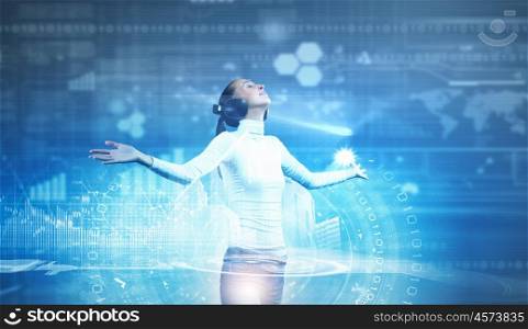Future technologies. Young pretty asian woman touching digital hologram