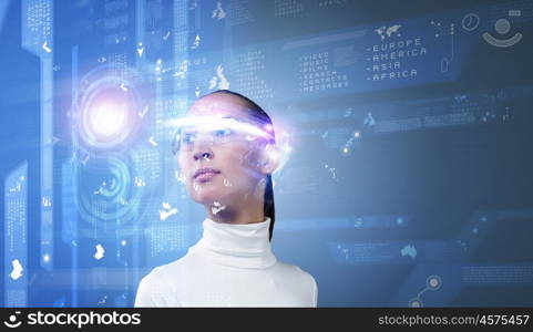 Future technologies. Young pretty asian woman touching digital hologram