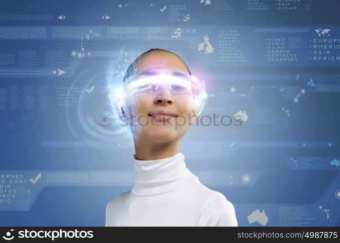 Future technologies. Young pretty asian woman touching digital hologram