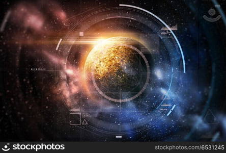 future technology and astronomy concept - hologram over planet and stars in space. hologram over planet and stars in space. hologram over planet and stars in space