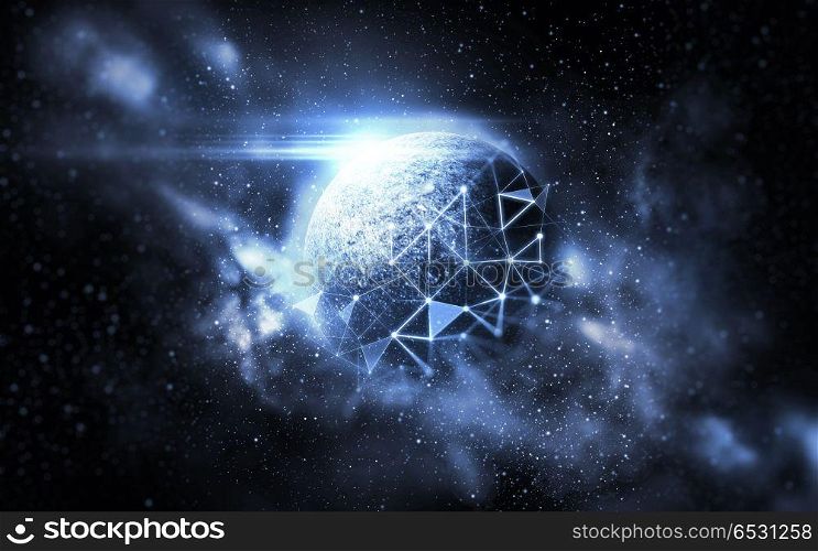 future technology and astronomy concept - hologram over planet and stars in space. hologram over planet and stars in space. hologram over planet and stars in space