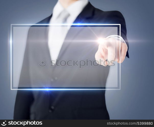 future technology and business concept - male hand touching virtual screen