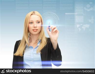 future technology and internet - attractive businesswoman working with virtual screen