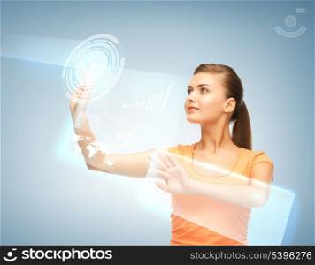 future technology and internet - attractive woman working with virtual screen