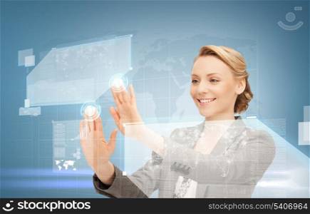 future technology and internet concept - attractive woman working with virtual screen