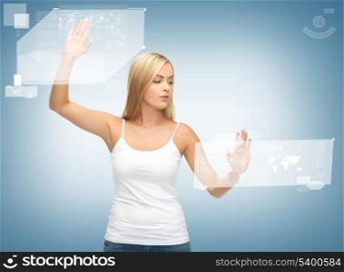 future technology and internet concept - attractive woman working with virtual screens