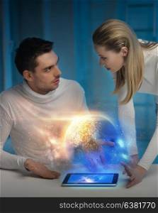 future technology and people concept - scientists or astronauts with planet hologram over tablet pc computer at space laboratory. couple with tablet pc at space laboratory