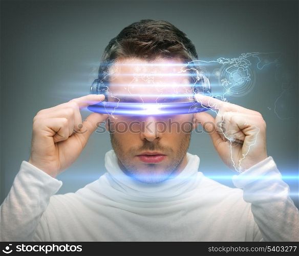 future technology and science fiction concept - man with digital glasses