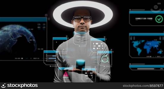 future technology and virtual reality concept - man in glasses with smart speaker under white illumination and hologram on black background. man in glasses with smart speaker under l&