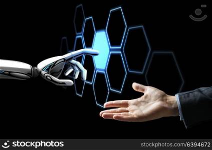 future technology, artificial intelligence and business concept - human hand and robot touching virtual network hologram over black background. human hand and robot touching network hologram