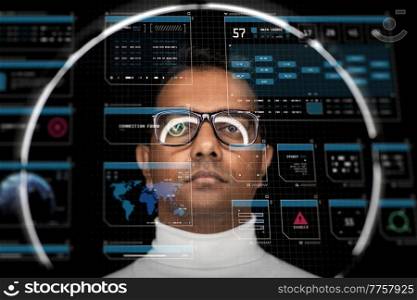 future technology, augmented reality and cyberspace concept - indian man in vr glasses with virtual screens projection over black background. man in glasses with white illumination over black