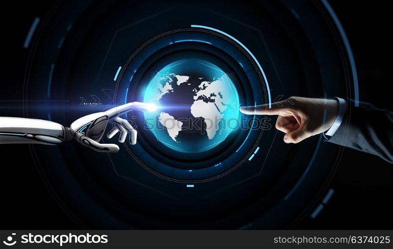 future technology, business and artificial intelligence concept - close up of businessman and robot hand touching virtual earth hologram over black background. human and robot hand with virtual earth hologram