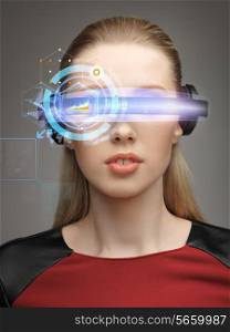 future, technology, business and people concept - beautiful woman in futuristic glasses