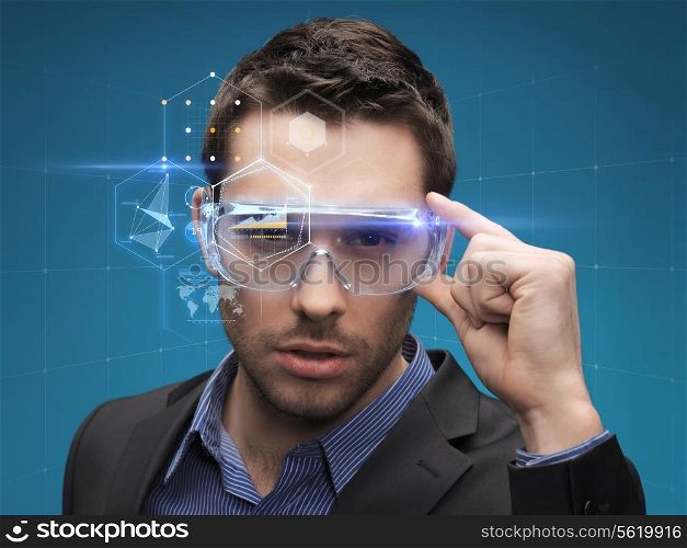 future, technology, business and people concept - handsome businessman in virtual glasses
