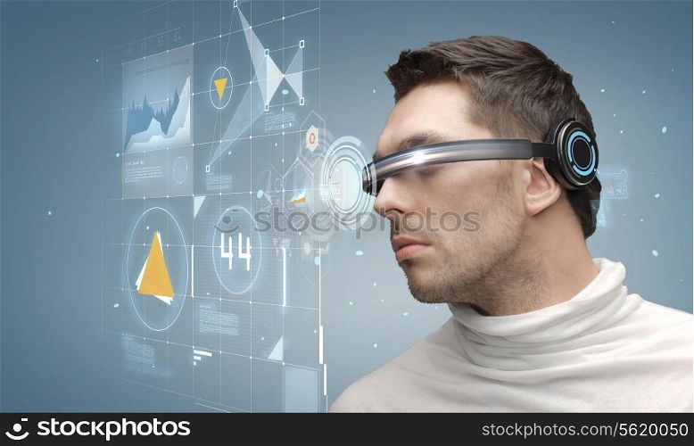 future, technology, business and people concept - man in futuristic glasses