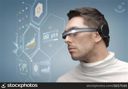 future, technology, business and people concept - man in futuristic glasses