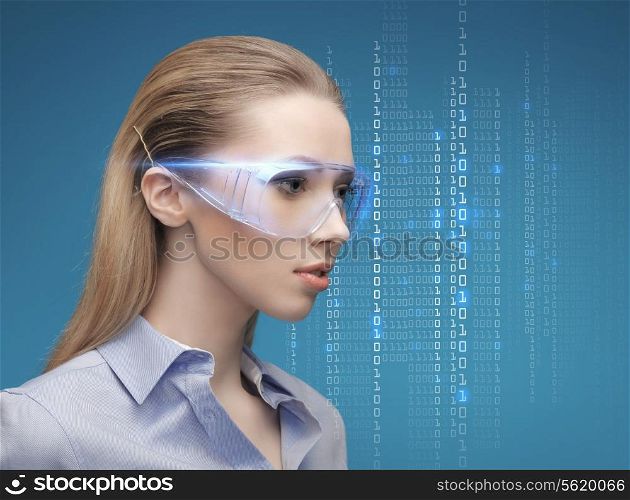 future, technology, business, education and people concept - businesswoman in virtual glasses