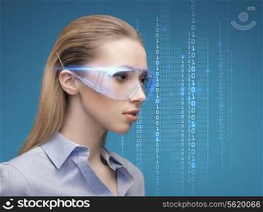 future, technology, business, education and people concept - businesswoman in virtual glasses