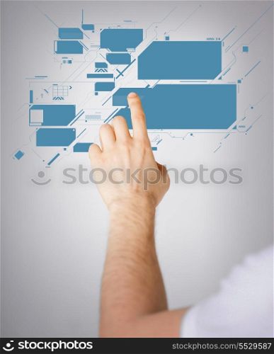 future technology concept - closeup of man hand pointing at virtual screen