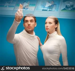 future technology, internet and networking concept - man and woman working with virtual screen