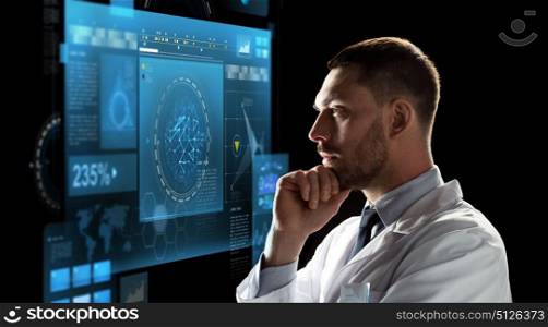 future technology, science and people concept - male doctor or scientist in white coat looking at virtual screen over black background. doctor or scientist looking at virtual screen