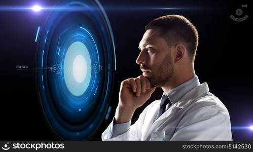 future technology, science and people concept - male doctor or scientist in white coat looking at virtual projection over black background. doctor or scientist with virtual projection