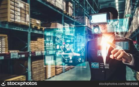 Future virtual reality technology for innovative VR warehouse management . Concept of smart technology for industrial revolution and automated logistic control .. Future virtual reality technology for innovative VR warehouse management