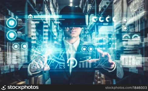 Future virtual reality technology for innovative VR warehouse management . Concept of smart technology for industrial revolution and automated logistic control .. Future virtual reality technology for innovative VR warehouse management