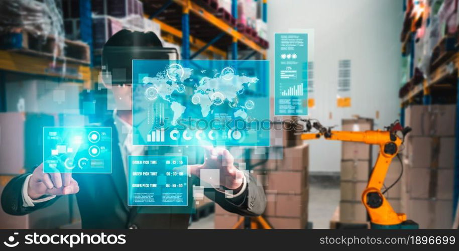 Future virtual reality technology for innovative VR warehouse management . Concept of smart technology for industrial revolution and automated logistic control .. Future virtual reality technology for innovative VR warehouse management