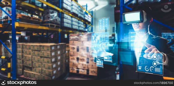 Future virtual reality technology for innovative VR warehouse management . Concept of smart technology for industrial revolution and automated logistic control .. Future virtual reality technology for innovative VR warehouse management