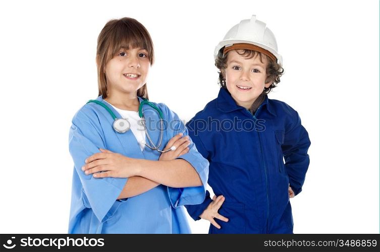 Future workers isolated over white. One doctor girl and constructor boy