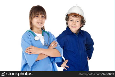 Future workers isolated over white. One doctor girl and constructor boy