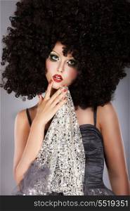 Futurism. Fanciful Girl in Huge Unusual Black African Frizzy Wig