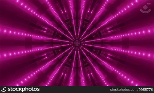 Futuristic 3d illustration abstract background design of sci fi endless space tunnel illuminated by luminous fluorescent lights. Abstract virtual tunnel with neon lights 3d illustration background