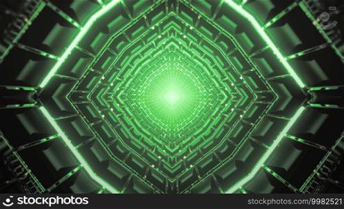 Futuristic 3d illustration abstract visual background of endless tunnel with symmetric geometric design illuminated by green neon lights. Sci fi tunnel with green neon lights 3d illustration