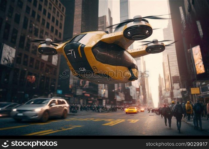 Futuristic aerial transportation. City air taxi flying over a bustling metropolis, digital illustration painting, Generative AI