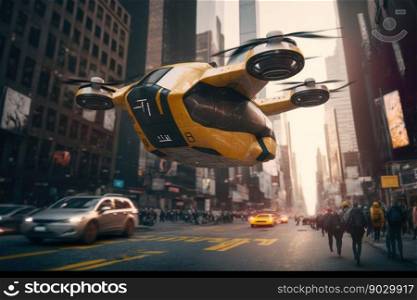 Futuristic aerial transportation. City air taxi flying over a bustling metropolis, digital illustration painting, Generative AI