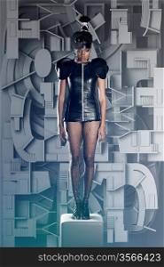 Futuristic african woman on labyrinth background