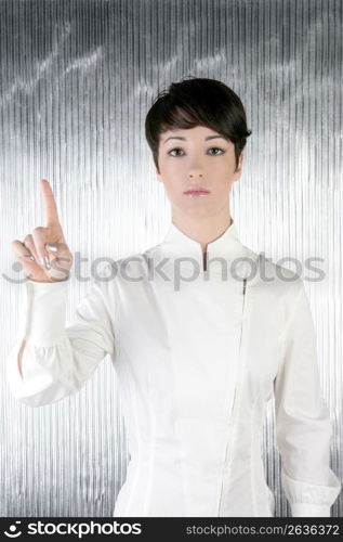 futuristic androgynous businesswoman touchpad finger touching pad