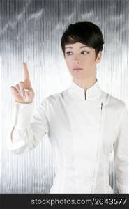 futuristic androgynous businesswoman touchpad finger touching pad