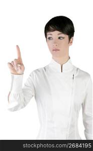 futuristic androgynous businesswoman touchpad finger touching pad