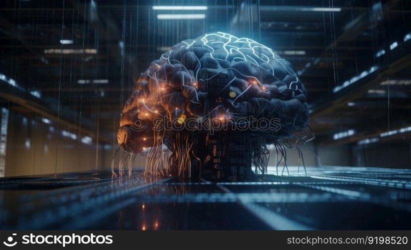 Futuristic android brain on circuit board background representing artificial intelligence. AI is Generative tech.