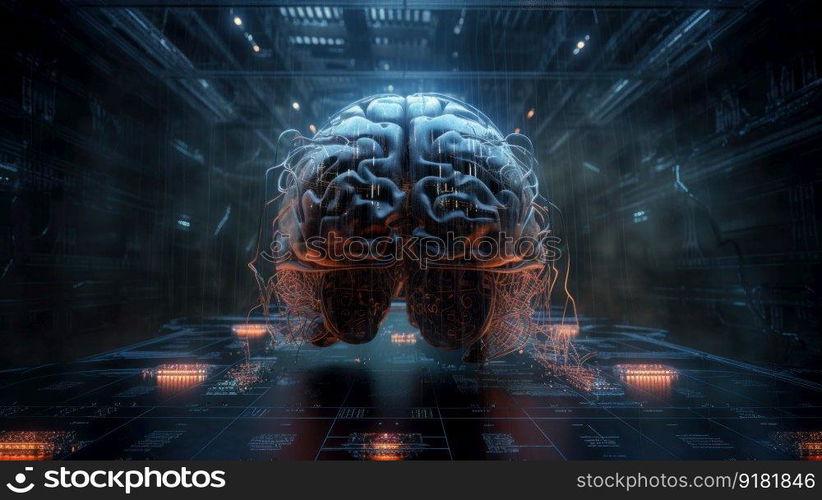 Futuristic android brain on circuit board background representing the digital age of AI. AI is Generative machine intelligence.